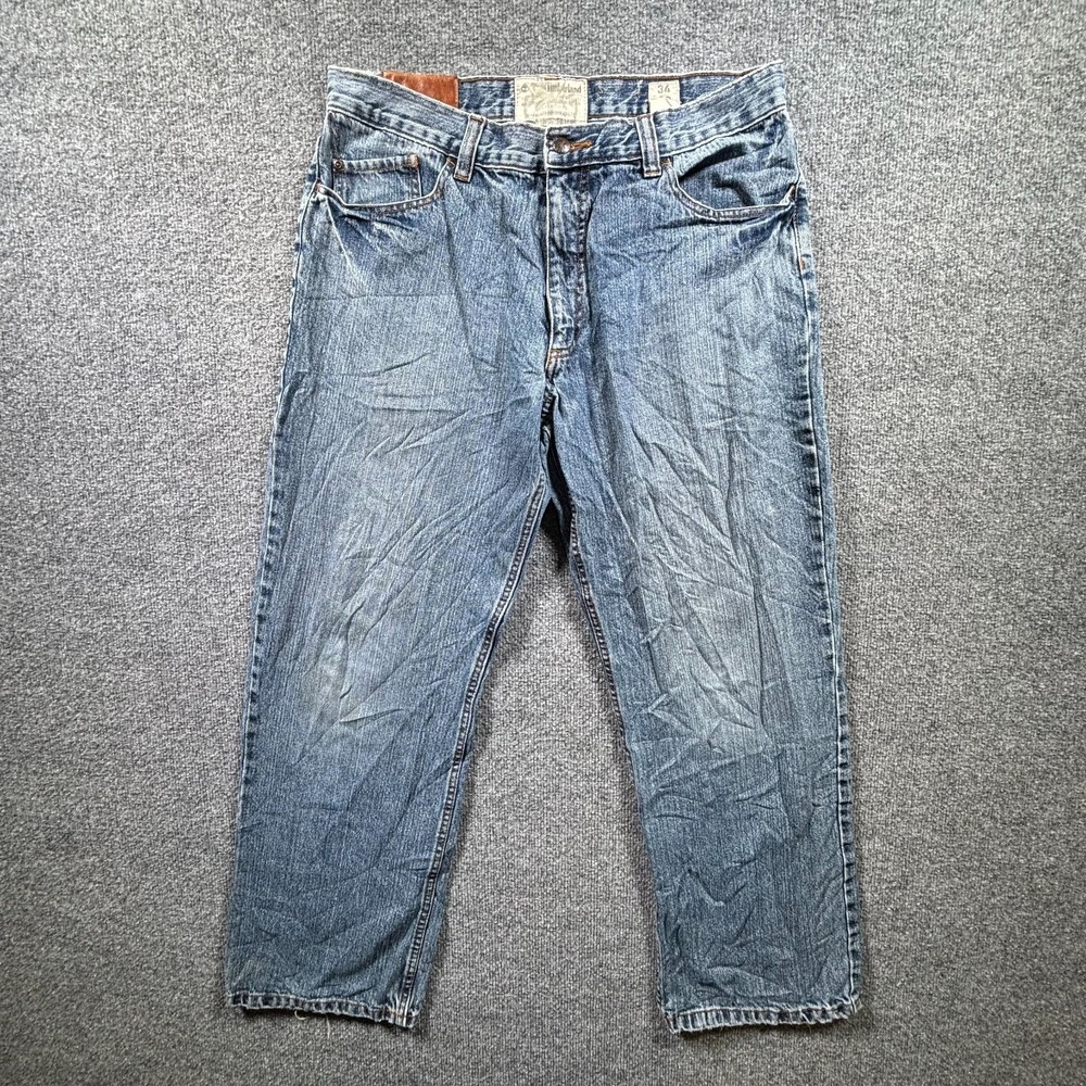 Timberland Jeans Men 34x30 Blue Denim Light Wash Relaxed Fit Straight Frayed Hem